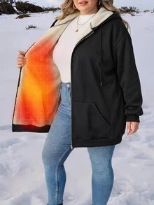 SHEIN CURVE+ Plus Size Women Solid Color Thermal Lined Hooded Casual Daily Long Sleeve Sweatshirt Winter - Black - View 9