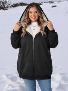 SHEIN CURVE+ Plus Size Women Solid Color Thermal Lined Hooded Casual Daily Long Sleeve Sweatshirt Winter - Black - View 7