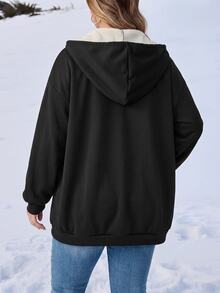 SHEIN CURVE+ Plus Size Women Solid Color Thermal Lined Hooded Casual Daily Long Sleeve Sweatshirt Winter - Black - View 2