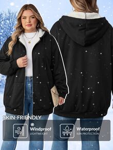 SHEIN CURVE+ Plus Size Women Solid Color Thermal Lined Hooded Casual Daily Long Sleeve Sweatshirt Winter - Black - View 6
