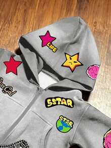 TEEN Girls Fall/Winter Street-Style Graffiti-Print Hooded Jacket, Perfect For Outings - Grey - View 4