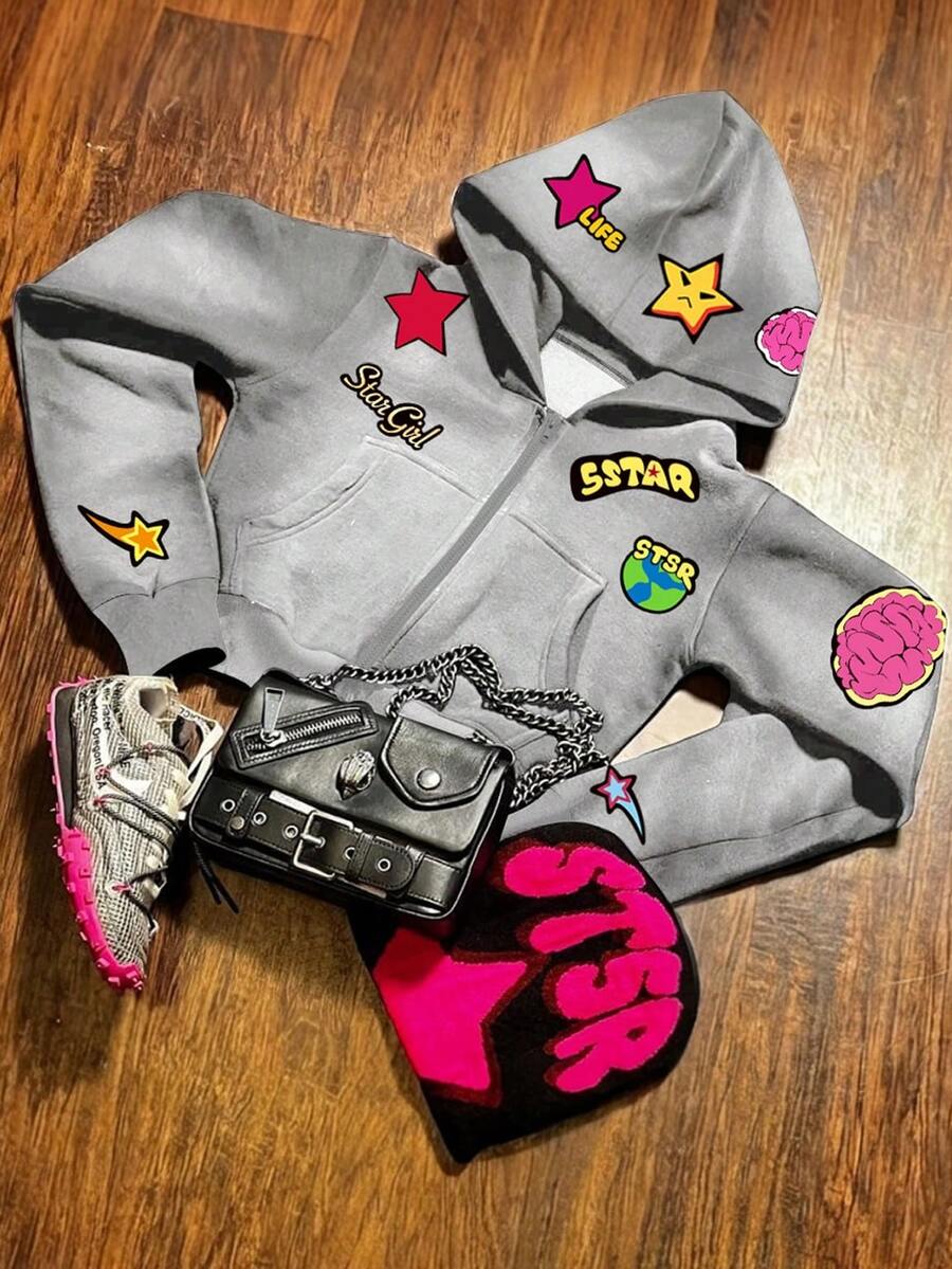 TEEN Girls Fall/Winter Street-Style Graffiti-Print Hooded Jacket, Perfect For Outings - Grey - View 1