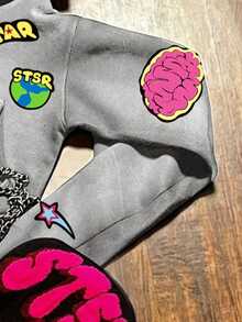 TEEN Girls Fall/Winter Street-Style Graffiti-Print Hooded Jacket, Perfect For Outings - Grey - View 3