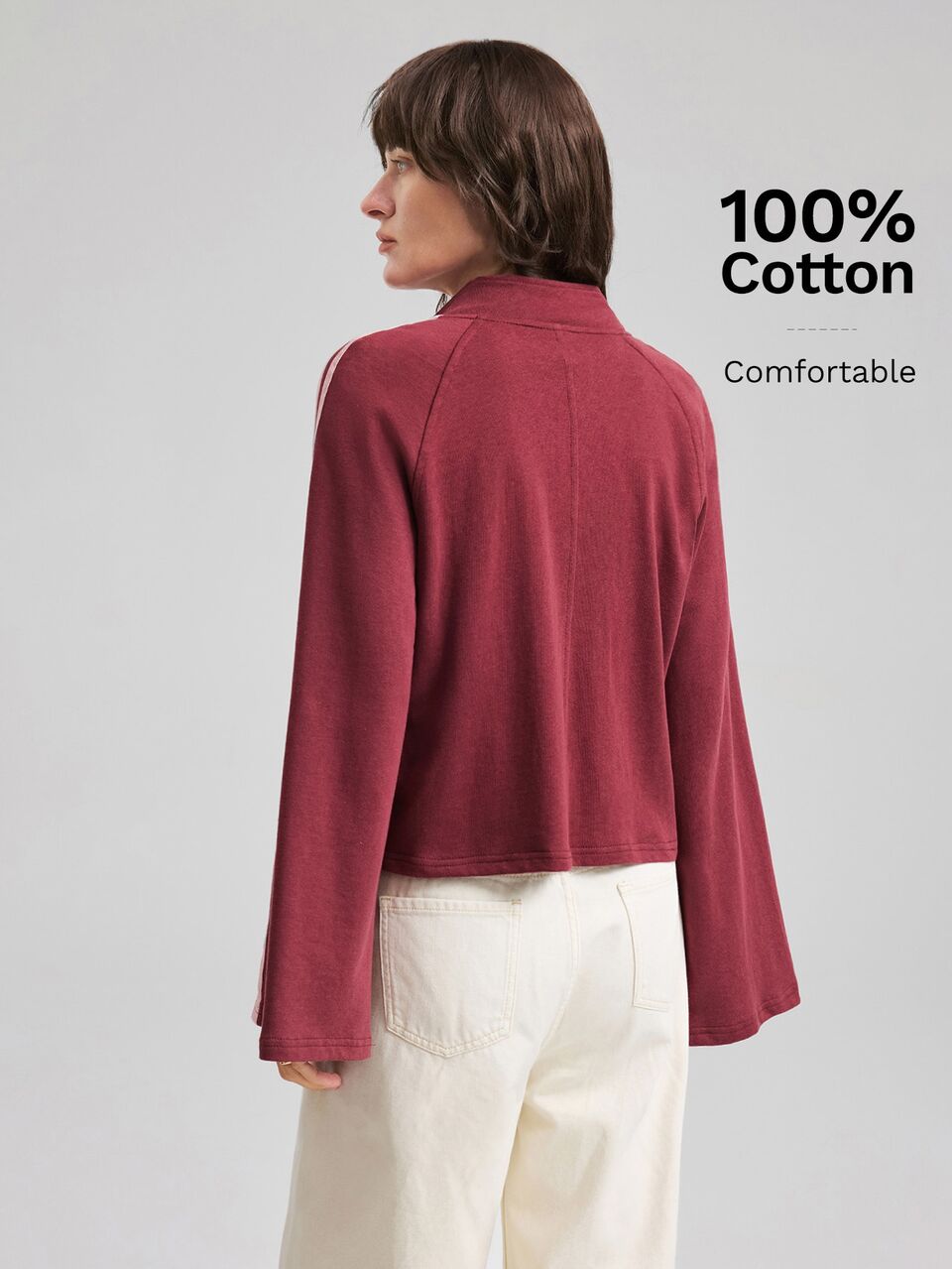Women's Burgundy Comfortable Fabric Loose Fit Zip-Up And Button Embellished Sweatshirt Jacket, All-Season Versatile Modern Urban Fashion Casual Street Style Minimalist High-Quality Sports Series Women's Sweatshirt