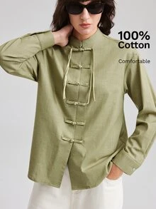 Ontre Women's Sage Green Comfortable Long Sleeve Shirt, Chinese Style Frog Button, All-Season Versatile, Retro 2000s, Fall Tea Party Everyday Night 70s - Army Green - View 4