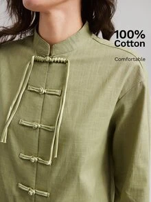 Ontre Women's Sage Green Comfortable Long Sleeve Shirt, Chinese Style Frog Button, All-Season Versatile, Retro 2000s, Fall Tea Party Everyday Night 70s - Army Green - View 5