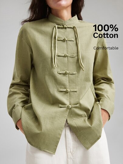 Ontre Women's Army Green Comfortable Long Sleeve Shirt, Chinese Style Frog Button, All-Season Versatile, Modern Urban Fashion, Business Casual, Office Wear, Premium Commuter Airport Outfit, Unisex Series, Women's Shirt