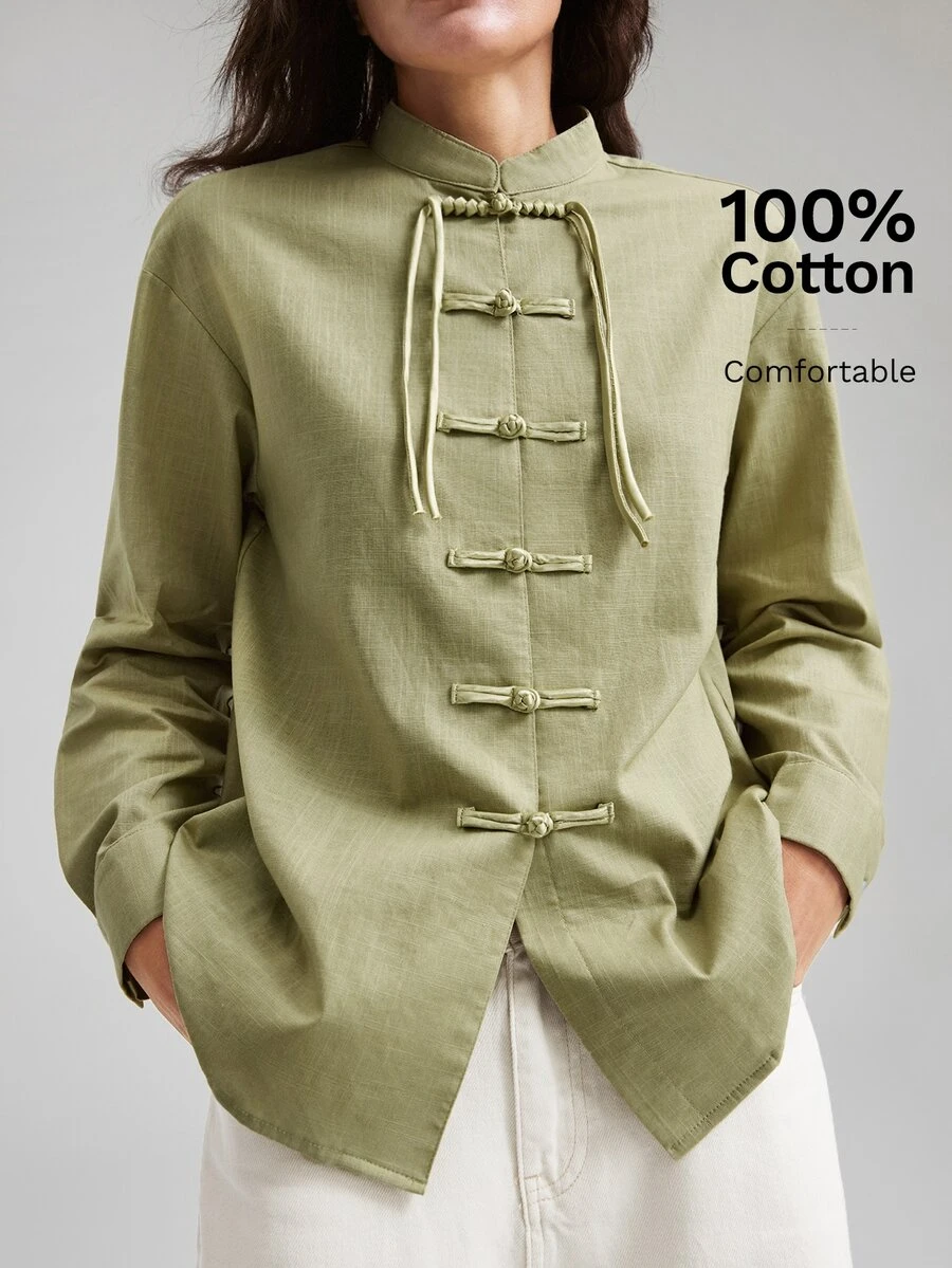 Ontre Women's Sage Green Comfortable Long Sleeve Shirt, Chinese Style Frog Button, All-Season Versatile, Retro 2000s, Fall Tea Party Everyday Night 70s - Army Green - View 1