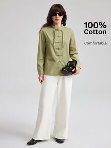 Ontre Women's Sage Green Comfortable Long Sleeve Shirt, Chinese Style Frog Button, All-Season Versatile, Retro 2000s, Fall Tea Party Everyday Night 70s - Army Green - View 8