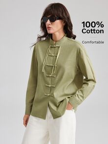 Ontre Women's Sage Green Comfortable Long Sleeve Shirt, Chinese Style Frog Button, All-Season Versatile, Retro 2000s, Fall Tea Party Everyday Night 70s - Army Green - View 7