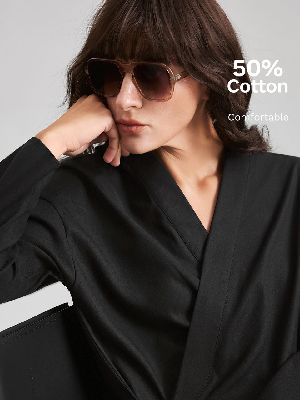 Women's Black Fitted Wrap Front Long Sleeve Open Front Top, All-Season Versatile Modern Urban Fashion Business Casual Office Wear, Premium Commuter Airport Outfit, Unisex Style Shirt For Women