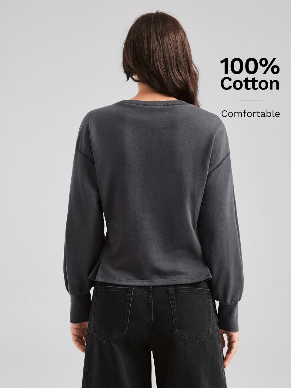 Women's Grey-Black Comfortable Fabric Fitted Waist Cocoon Sleeve All-Season Versatile Modern Urban Fashion Casual Street Style Minimalist High-Quality Sports Series Sweatshirt