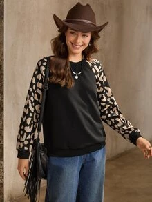 Wildy Sudadera de manga raglán con cuello redondo y estampado de leopardo, estilo boho de verano a otoño - Multicolor - Ver 8