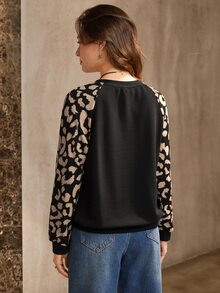Wildy Sudadera de manga raglán con cuello redondo y estampado de leopardo, estilo boho de verano a otoño - Multicolor - Ver 3