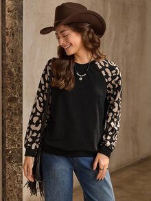 Wildy Sudadera de manga raglán con cuello redondo y estampado de leopardo, estilo boho de verano a otoño - Multicolor - Ver 7