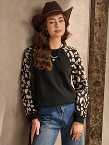 Wildy Sudadera de manga raglán con cuello redondo y estampado de leopardo, estilo boho de verano a otoño - Multicolor - Ver 5