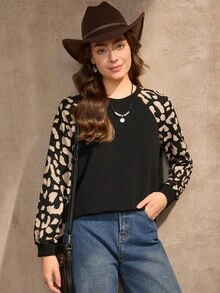 Wildy Sudadera de manga raglán con cuello redondo y estampado de leopardo, estilo boho de verano a otoño - Multicolor - Ver 10