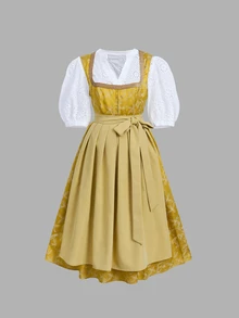 Fairmaia New Jacquard Collar Webbing Design Mixed Material Patchwork Beer Festival Dress - Yellow - View 3