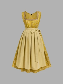 Fairmaia New Jacquard Collar Webbing Design Mixed Material Patchwork Beer Festival Dress - Yellow - View 4