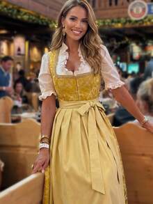 Fairmaia New Jacquard Collar Webbing Design Mixed Material Patchwork Beer Festival Dress - Yellow - View 2