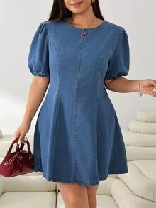 Solflare Damen-Denim Kleid in großen Größen für den Herbst, Rundhalsausschnitt, kurze Puffärmel, blau, locker geschnitten, Kawaii-Stil, für Urlaub, Brunch und Wochenende - Blau - Übersicht 7