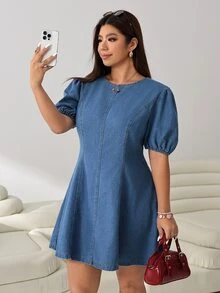 Solflare Damen-Denim Kleid in großen Größen für den Herbst, Rundhalsausschnitt, kurze Puffärmel, blau, locker geschnitten, Kawaii-Stil, für Urlaub, Brunch und Wochenende - Blau - Übersicht 8