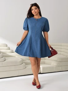 Solflare Damen-Denim Kleid in großen Größen für den Herbst, Rundhalsausschnitt, kurze Puffärmel, blau, locker geschnitten, Kawaii-Stil, für Urlaub, Brunch und Wochenende - Blau - Übersicht 4