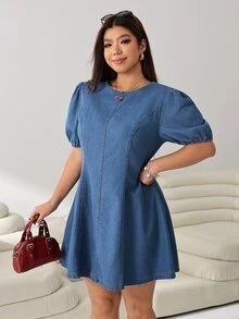 Solflare Damen-Denim Kleid in großen Größen für den Herbst, Rundhalsausschnitt, kurze Puffärmel, blau, locker geschnitten, Kawaii-Stil, für Urlaub, Brunch und Wochenende - Blau - Übersicht 6