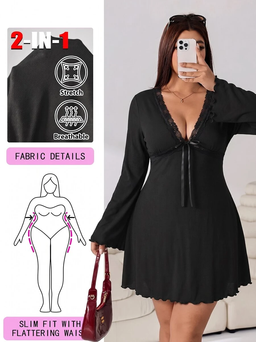 Solflare 黑色休閒大尺碼女款對比蕾絲深V領蝴蝶結裝飾洋裝 - 黑色 - 查看 1