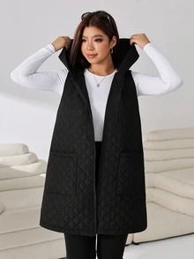 Solflare Plus Size Women's Solid Color Hooded Casual Racing Versatile Autumn Cotton Padded Vest Jacket Black - Black - View 6
