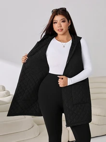 Solflare Plus Size Women's Solid Color Hooded Casual Racing Versatile Autumn Cotton Padded Vest Jacket Black - Black - View 9