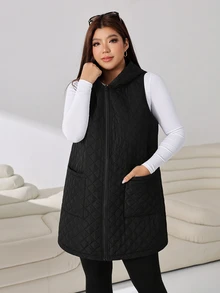 Solflare Plus Size Women's Solid Color Hooded Casual Racing Versatile Autumn Cotton Padded Vest Jacket Black - Black - View 5