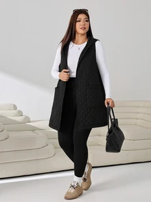 Solflare Plus Size Women's Solid Color Hooded Casual Racing Versatile Autumn Cotton Padded Vest Jacket Black - Black - View 7