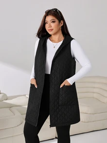 Solflare Plus Size Women's Solid Color Hooded Casual Racing Versatile Autumn Cotton Padded Vest Jacket Black - Black - View 4
