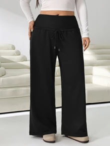 Solflare Plus Size Women Solid Color Drawstring Waist Wide Leg Loose Casual Soft Cowboy Soft Cowboy Sweatpants Gym Work Homewear Workout Gym Black Summer - Black - View 7