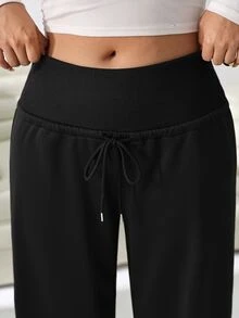 Solflare Plus Size Women Solid Color Drawstring Waist Wide Leg Loose Casual Soft Cowboy Soft Cowboy Sweatpants Gym Work Homewear Workout Gym Black Summer - Black - View 5