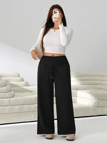 Solflare Plus Size Women Solid Color Drawstring Waist Wide Leg Loose Casual Soft Cowboy Soft Cowboy Sweatpants Gym Work Homewear Workout Gym Black Summer - Black - View 6