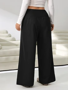 Solflare Plus Size Women Solid Color Drawstring Waist Wide Leg Loose Casual Soft Cowboy Soft Cowboy Sweatpants Gym Work Homewear Workout Gym Black Summer - Black - View 3