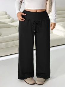 Solflare Plus Size Women Solid Color Drawstring Waist Wide Leg Loose Casual Soft Cowboy Soft Cowboy Sweatpants Gym Work Homewear Workout Gym Black Summer - Black - View 4