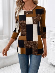 EMERY ROSE Women's Brown And Cream Cat Graphic T-Shirt Formal Brunch Everyday Autumn Casual - Multicolor - View 4