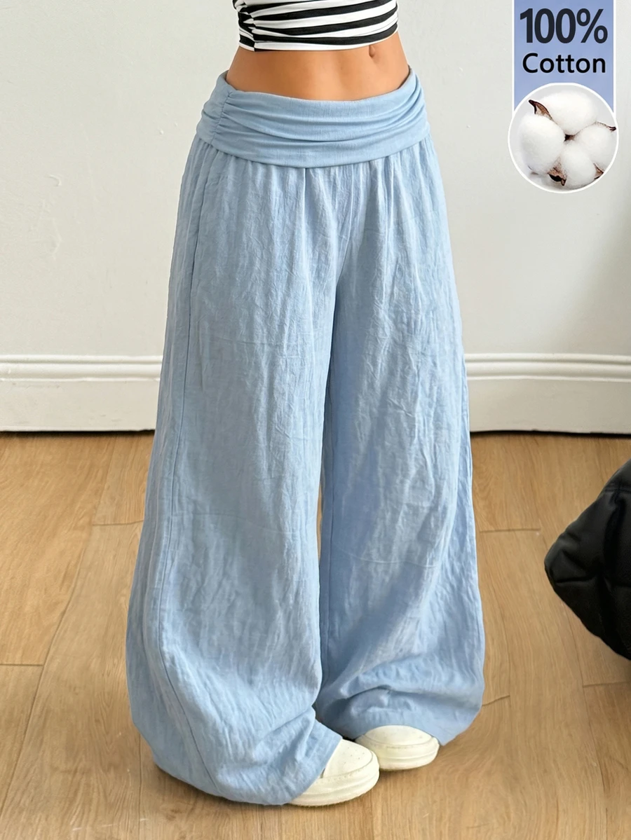 Coolane 女款秋季街頭風休閒外出西式度假穿搭淺藍色100%純棉直筒休閒長褲 - 淺藍色 - 查看 1