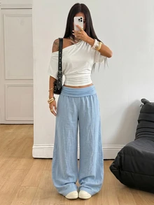 Coolane 女款秋季街頭風休閒外出西式度假穿搭淺藍色100%純棉直筒休閒長褲 - 淺藍色 - 查看 5