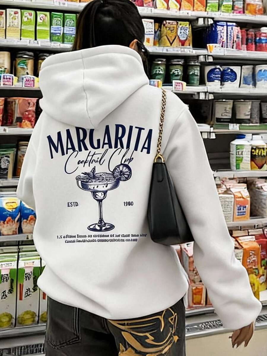 Divinelle Casual Minimalist Cocktail & Letter Print Loose Fit Thick Sweatshirt For Women, Suitable For Street Style, Outdoor Wear, Autumn/Winter, Fall - White - View 1