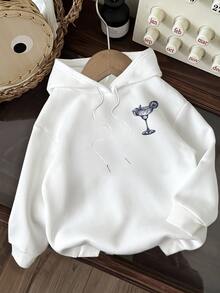 Divinelle Casual Minimalist Cocktail & Letter Print Loose Fit Thick Sweatshirt For Women, Suitable For Street Style, Outdoor Wear, Autumn/Winter, Fall - White - View 3