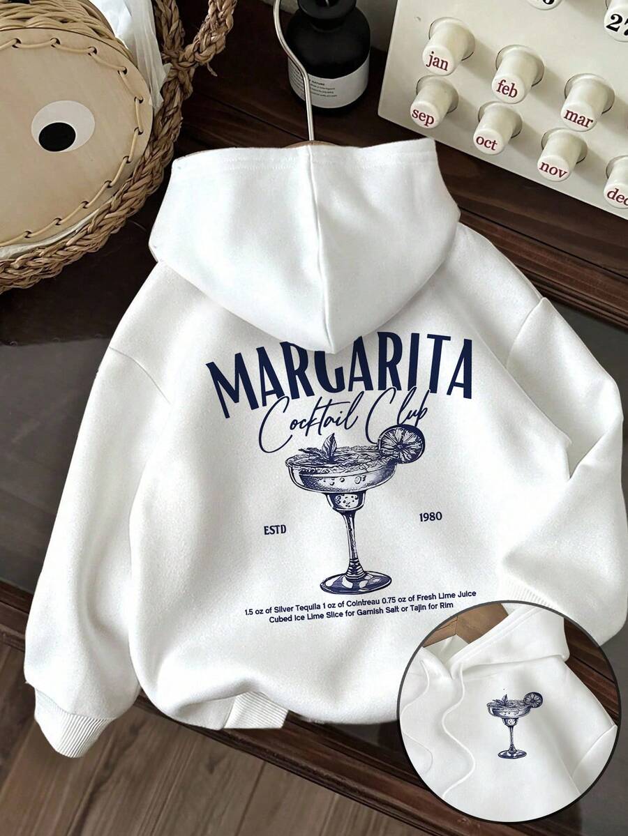Divinelle Casual Minimalist Cocktail & Letter Print Loose Fit Thick Sweatshirt For Women, Suitable For Street Style, Outdoor Wear, Autumn/Winter, Fall - White - View 1