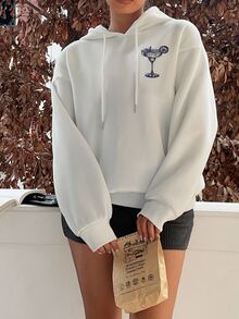 Divinelle Casual Minimalist Cocktail & Letter Print Loose Fit Thick Sweatshirt For Women, Suitable For Street Style, Outdoor Wear, Autumn/Winter, Fall - White - View 5