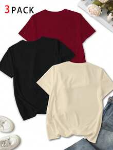 INAWLY 3pcs Set Summer Casual English Letter And Heart Print T-Shirts, Short Sleeve Round Neck Graphic Tees Women Tops - Multicolor - View 2