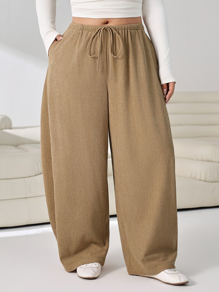Solflare Khaki Women's Plus Size Waist Tie Wide Leg Pants Fall - Khaki - View 4