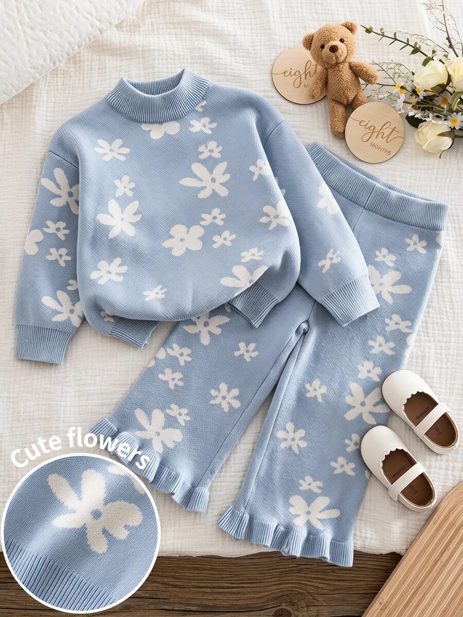 SHEIN Cute Floral Print Knitted Long-Sleeved Sweater And Trousers Two Pieces Set For Baby Girls, Perfect For Autumn And Winter, And Suitable For Holidays. - Blue and White - View 1