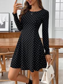 Medorina Women's Casual Commuter Polka Dot Print Mini Dress,Fall - Black - View 10